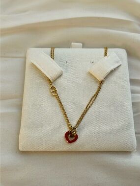 Christian Dior Gold Chain Necklace with Red Heart Pendant